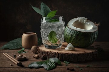 Wall Mural - Coconut drink with ice and mint leaves on wooden table