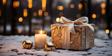 Gold gift box on the snow with christmas ornaments decoration on blurred glowing lights background. Festive banner styled composition.