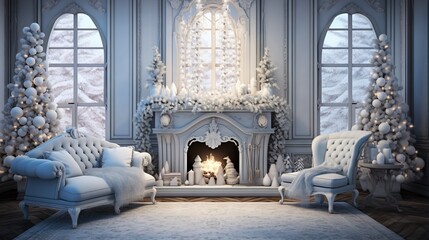 Sticker -  a living room decorated for christmas with white furniture and a fireplace.  generative ai