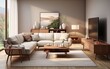 © piai - Living room with a sofa, coffee table, wooden TV cabinet. Generative AI