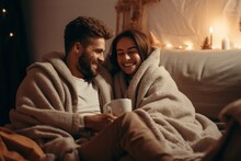 Cheerful Young Men Sipping Their Coffee While Wrapped In Warm Blankets On The Couch At Home. The Room Emanates A Cozy Autumn-winter Atmosphere, With Soft Lighting Casting A Gentle Glow. Gay Couple.