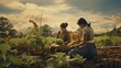 Two women working in a vegetable plantation. Generative AI