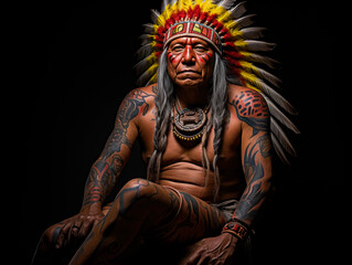 Wall Mural - Native American chief, vivid and colorful, on the thigh, studio setup with natural and spot lighting for depth