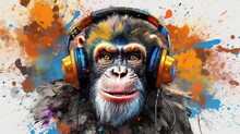 Candid Shot Of An Excited Party Monkey Ape With Headphones. Beautiful Generative AI AIG32