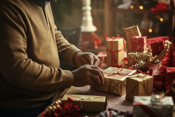 Sticker - A man is seen wrapping presents on a table in front of a beautifully decorated Christmas tree. This image can be used to showcase the joy and excitement of gift-giving during the holiday season.