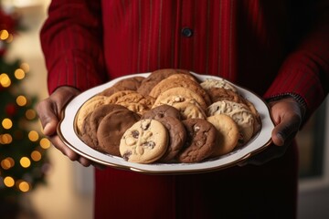 Canvas Print - A person holding a plate of cookies in front of a Christmas tree. This image can be used to showcase holiday baking or as a festive decoration for Christmas-themed projects.