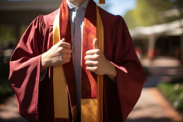 Wall Mural - A person in a graduation gown giving a thumbs up. This image can be used to depict success, achievement, and positive feedback in an educational or professional context.