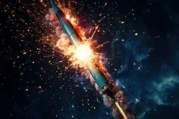 Canvas Print - a rocket soaring through the sky with sparks trailing behind. perfect for illustrating space explora