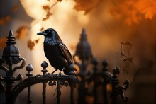 Spooky Scary Raven Bird Crow Old Vintage Wrought Iron Gateway Halloween Background
