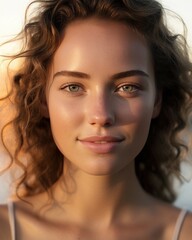 Wall Mural - A close up view of a young woman with curly hair. This image can be used to showcase natural beauty or as a portrait for various purposes.