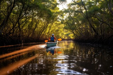 Wall Mural - A man is seen paddling a canoe down a river. This versatile image can be used to depict outdoor activities, adventure, travel, leisure, and nature exploration.
