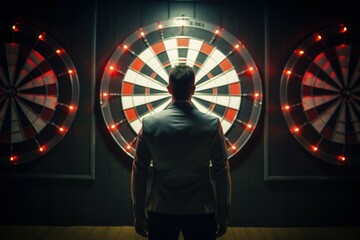 Canvas Print - A man stands confidently in front of three darts, ready to take on any challenge. This image can be used to depict determination, competition, and goal-setting.