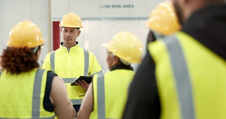 Poster - Factory, meeting and group with question for manager and safety inspection or industrial rules for people in workplace. Manufacturing, team or conversation with supervisor or training warehouse staff