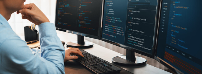 Wall Mural - software engineer working on application development on his computer display code and script on moni