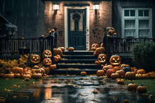 House entrance decorated with jack-o-lanterns for Halloween