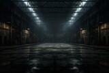 Fototapeta Przestrzenne - Dark empty warehouse. Hall inside floor. Generate Ai