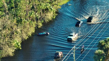 Wall Mural - Flooded american street with moving vehicles and surrounded with water houses in Florida residential area. Consequences of hurricane Ian natural disaster
