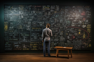 A female mathematician explaining complex equations on a chalkboard, unraveling mathematical mysteries. Generative Ai.