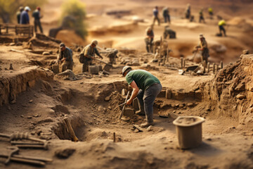 A group of archaeologists carefully excavating a buried historical site. Generative Ai.