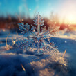 Snowflake close-up on a blurred countryside background. Winter landscape on a sunny day. Winter background for weather website, postcards, stories.