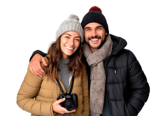 Casual portrait of couple holding digital camera ready for winter holidays. Isolated over white transparent background