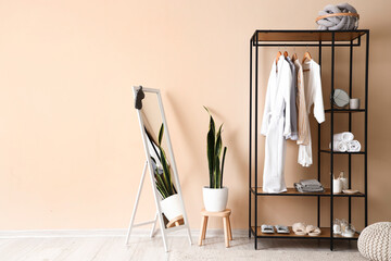 Interior of room with shelving unit and bath accessories