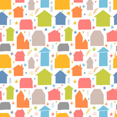 Wall Mural - Seamless pattern with hand drawn houses, buildings. Flat style. Texture for fabric, wrapping, wallpaper, textile