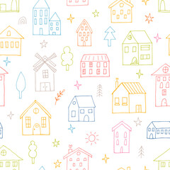 Wall Mural - Seamless pattern with hand drawn houses. Buildings. Doodle style. Texture for fabric, wrapping, textile, wallpaper