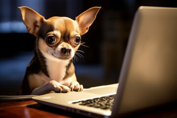 Focused Dog looking laptop. Animal cute pet. Generate Ai