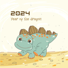 Symbol Of 2024 Green Dragon. Cute Cartoon Dragon Walking Along The Road With Stones