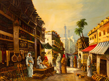 Vintage Oil Painting Depicting An Ancient Middle Eastern Marketplace, Possibly Set In Cairo, Egypt, With Stalls And An Array Of Merchandise Evoking The Spirit, And Nostalgic Essence Of Days Gone By.