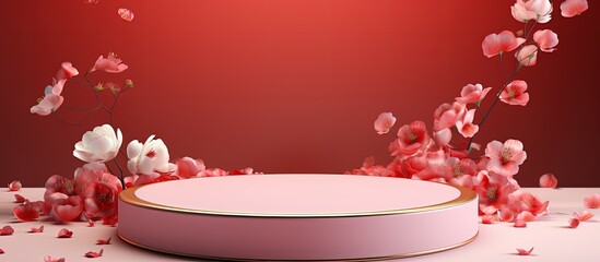 Poster - stage with red and gold pedestal and floating rose petals for a minimalistic presentation of beauty products perfect for Valentine s Day