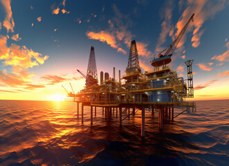 Wall Mural - Offshore oil platform  at sunset