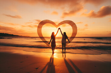 Wall Mural - Two women holding hands together at the beach at sunset with a heart graphic background