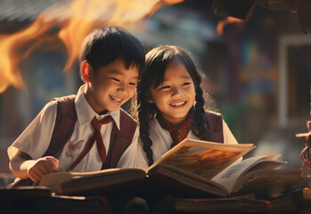 Wall Mural - Elementary school boy and girl in school uniforms reading a book in the field