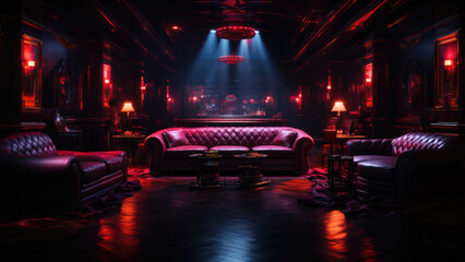 Wall Mural - A dark room with red couches and a red light, AI