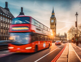 Fototapeta  - Shot of London double decker red bus with beautiful city in the background