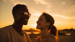 Golden hour portrait of mixed race young couple dating at golden hour in summer.