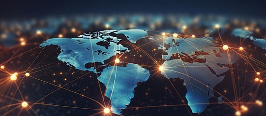 Social network icons and world map with computer background Networking concept