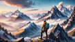 Hiker with backpack on the top of the mountain. Landscape with mountains at sunset.