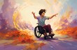 A painting of a boy in a wheelchair with his arms outstretched. AI
