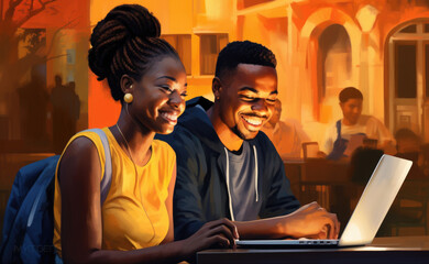 Wall Mural - A couple using a laptop in a cafe. AI