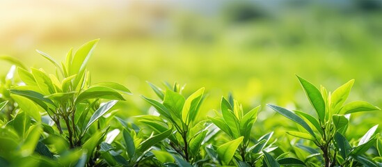 Sticker - Panoramic view of a fresh green organic herbal farm with tea trees