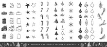 Modern Christmas Icons Elements Ornaments Set, Tree, Stars, Ball, Candy Cane, Snow Flake.