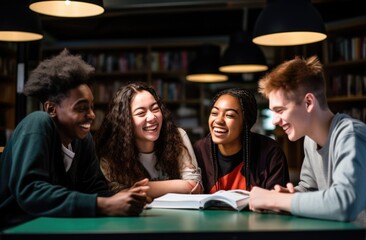 Wall Mural - Four young people sitting at a table in a library. AI