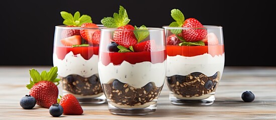 Poster - Multilayered chia seed dessert with yogurt strawberries blueberries and mint in glass bowls