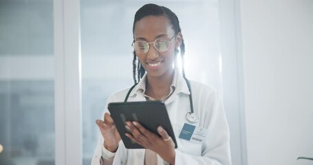 Poster - Doctor, tablet and happy healthcare, hospital or clinic services, software management and online charts. medical worker, nurse or african person scroll on digital technology for Telehealth report