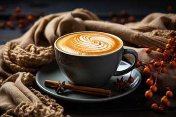 a cup of cappuccino with cinnamon on the table on autumn background. 