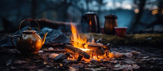 Poster - Focused camp fire and tea pot in foreground with a defocused tent in the background