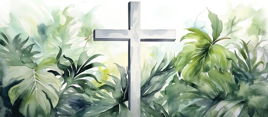 Sticker - Christianity cross in white on green palm leaf background Illustration for Easter church Christian cards